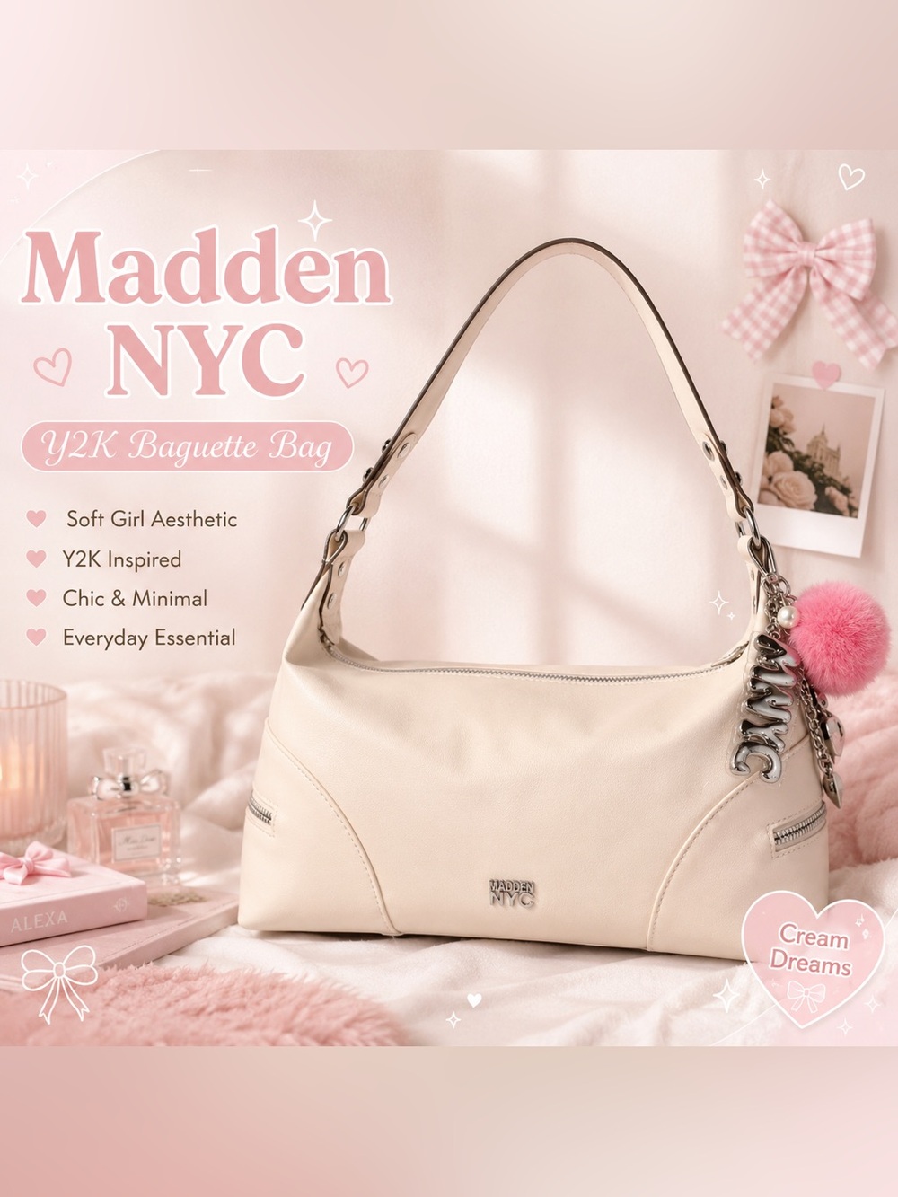 Madden NYC Cream Faux Leather Shoulder Bag Y2K Baguette Purse - Picture 10 of 14